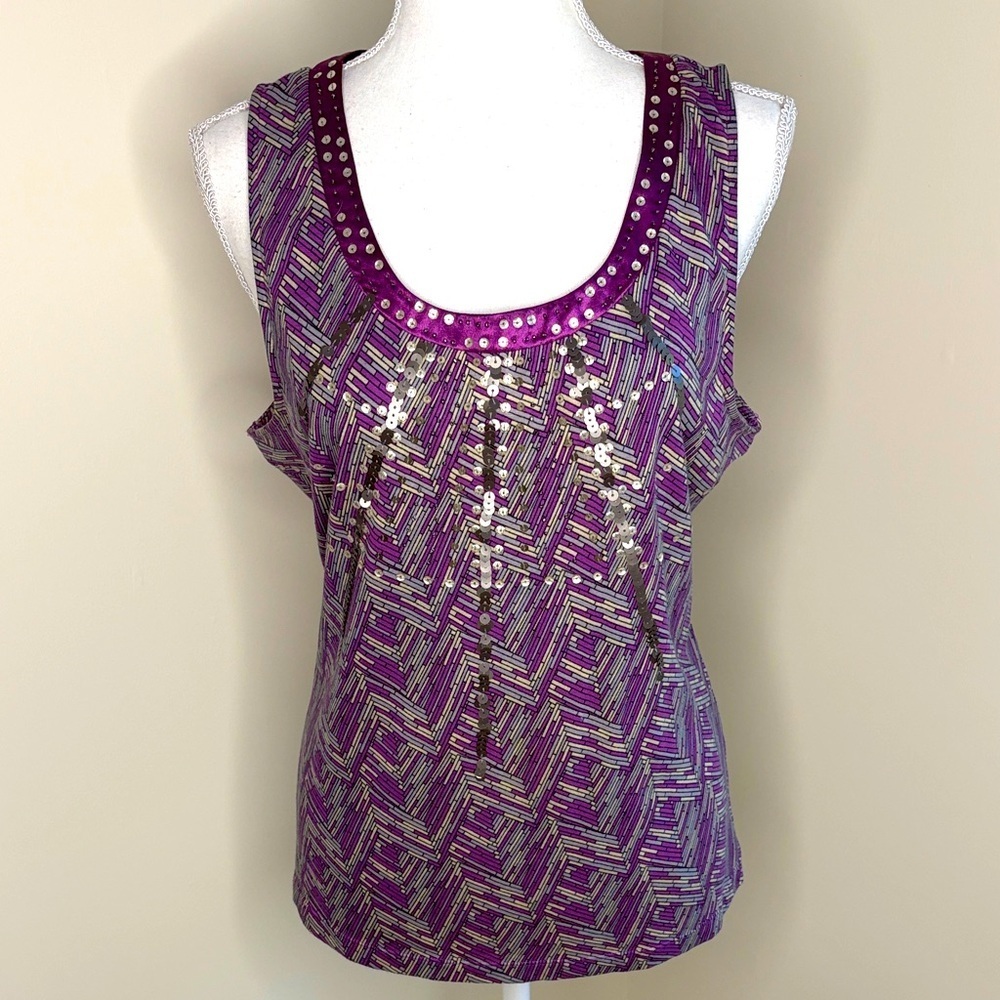 Emma James Purple Patterned Metallic Women's Tank Top. Large